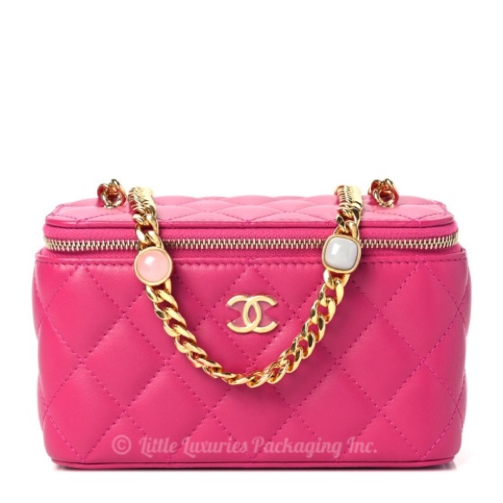 NWT Authentic Chanel Fuchsia Pink Leather Vanity Case Handbag with Jeweled Chain